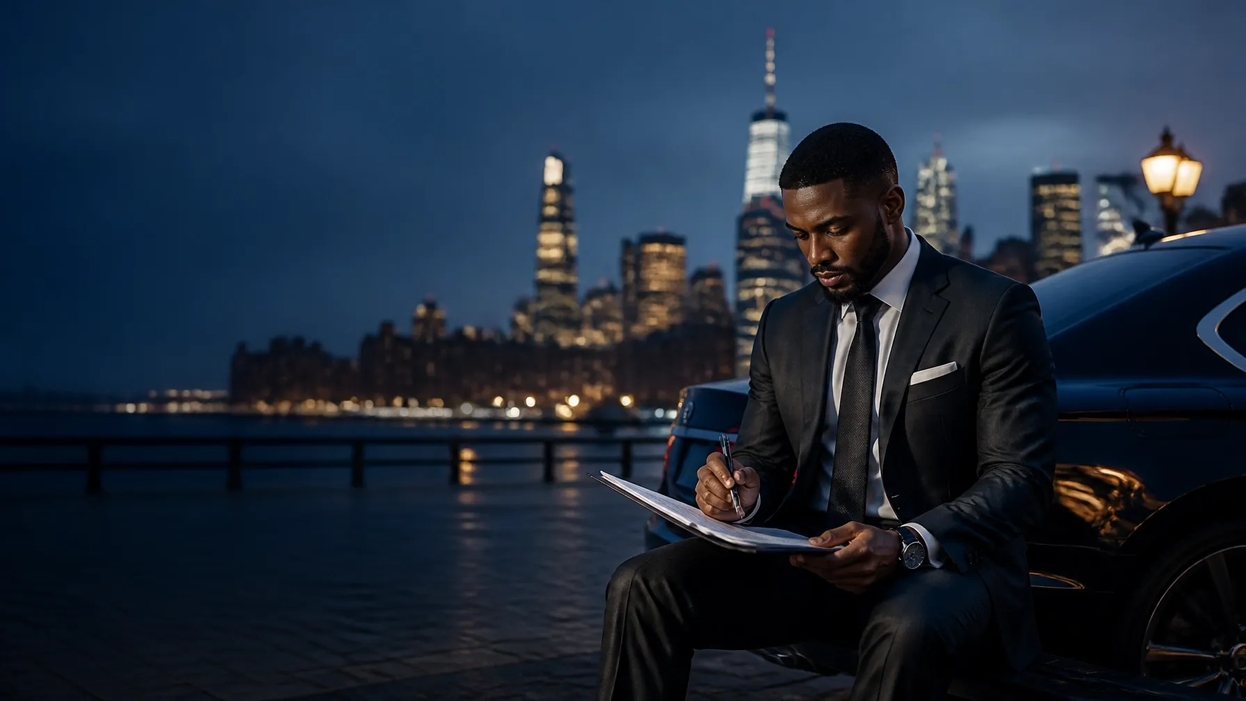 Man in a suit signing documents beside a car at blue hour